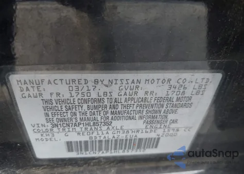 2017 Nissan Versa 1.6 S+ z USA, uszkodzony, nr VIN 3N1CN7AP1HL857352